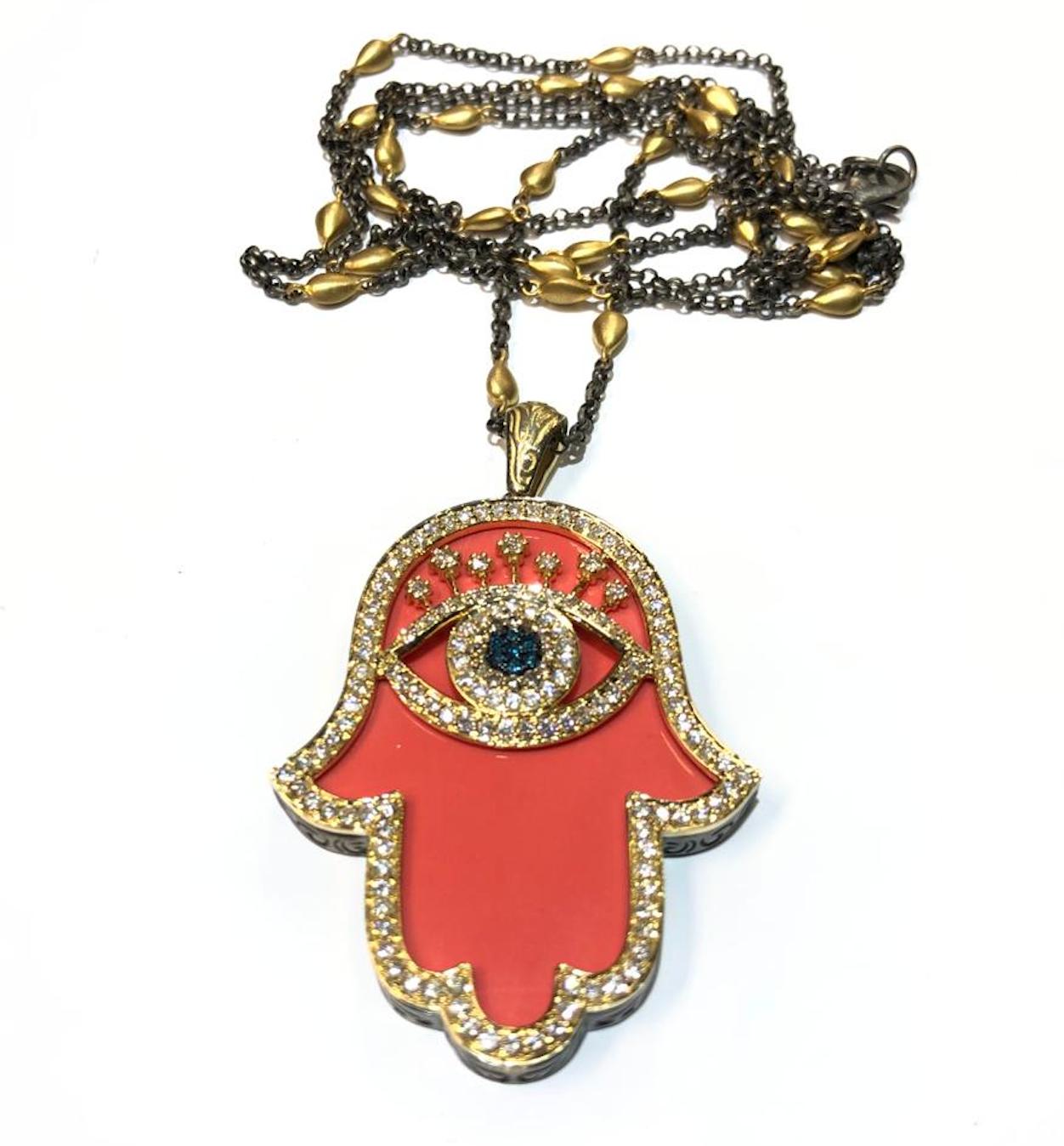 CORAL DIAMOND HAMSA NECKLACE