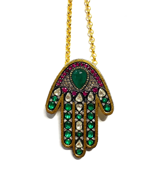 EMERALD RUBY HAMSA NECKLACE