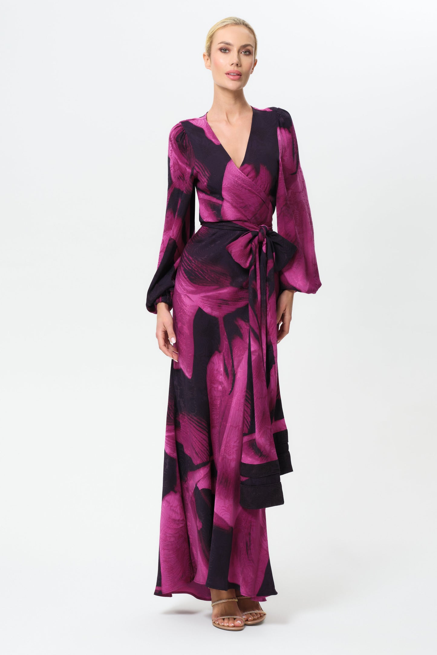 Woman wearing a pink and black skirt on a white background