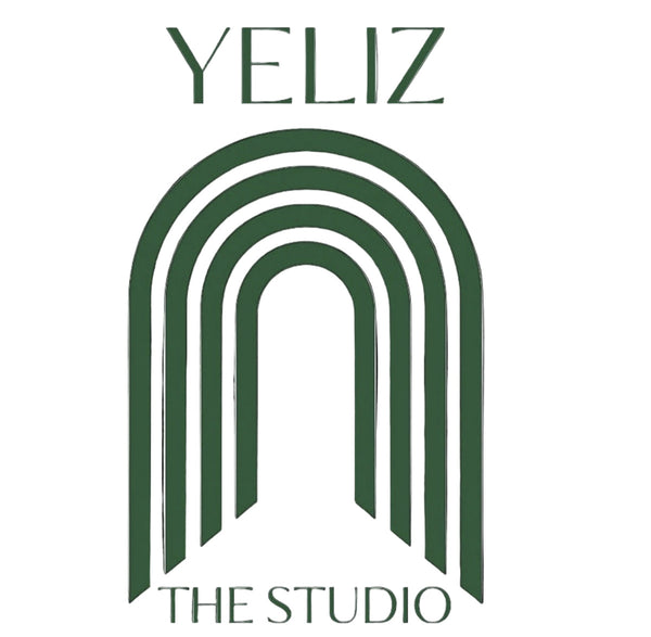 Logo of YELIZ The Studio with green arches on a white background